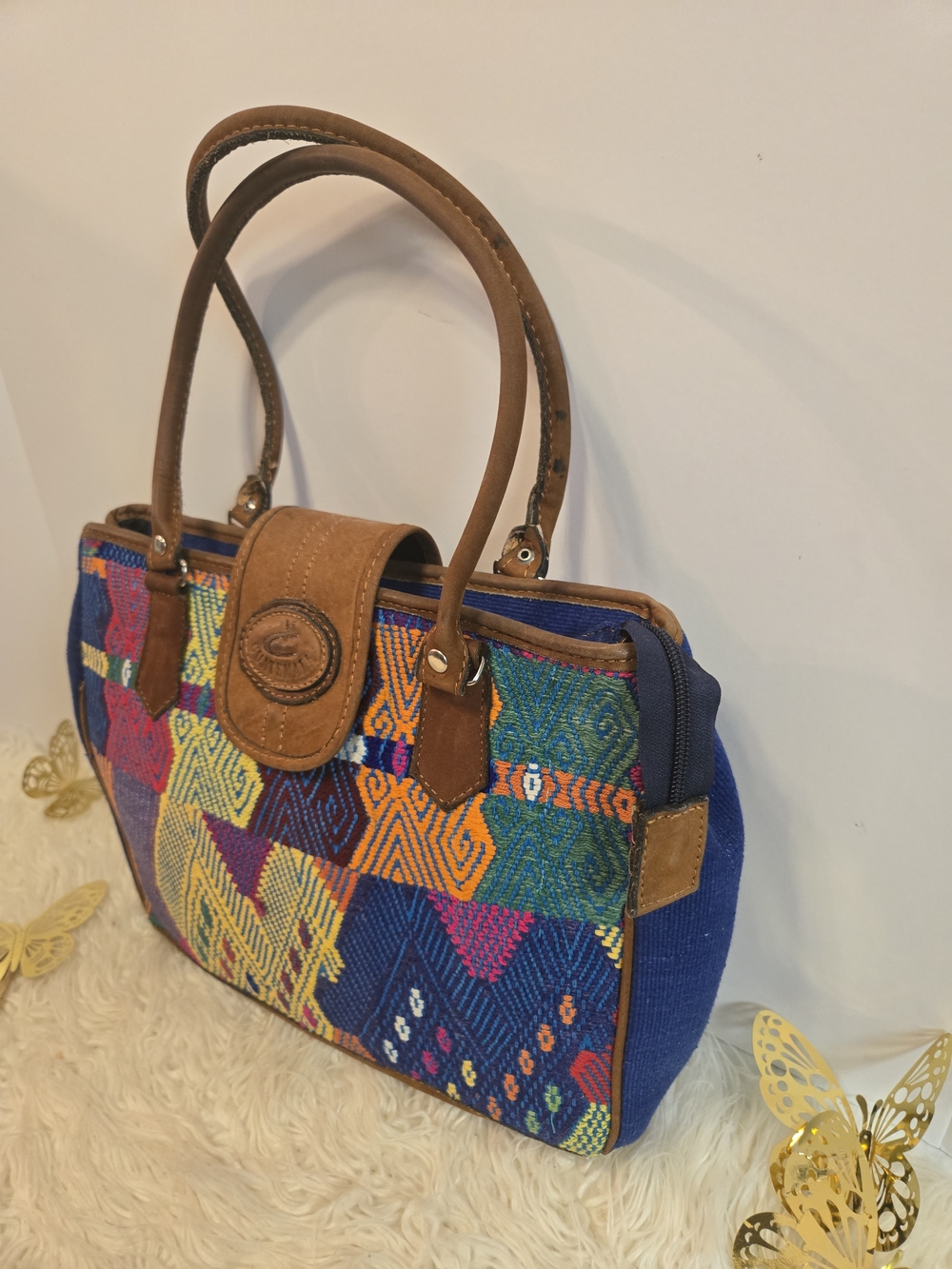 Vintage Blue Multi-Color Woven Shoulder Bag with Brown Leather Trim
